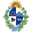 Official coat of arms of Uruguay, featuring a sun, shield, and laurel wreath.