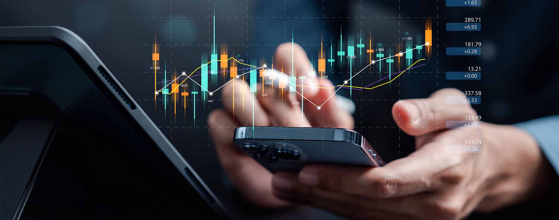 Investor analysis with stock exchange graph on screen
