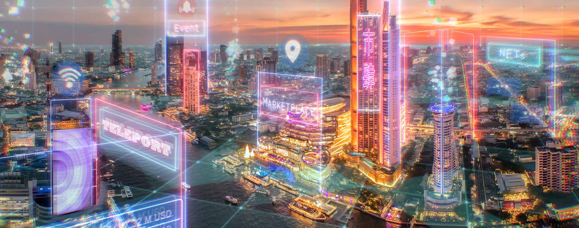 Hologram billboard with neon light over Bangkok City Thailand