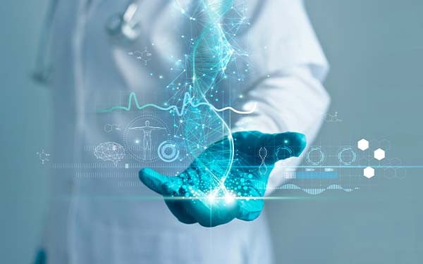 Doctor holding hologram of blue helix DNA structure