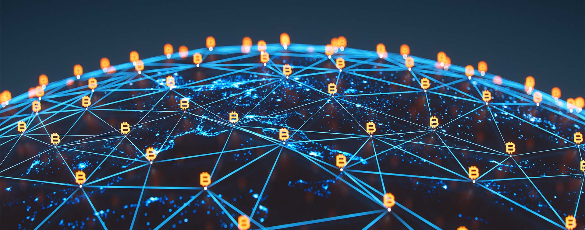 Global blockchain graphic of interconnected nodes