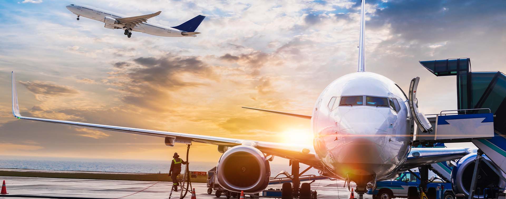 Passenger airplane in parking getting ready for flight