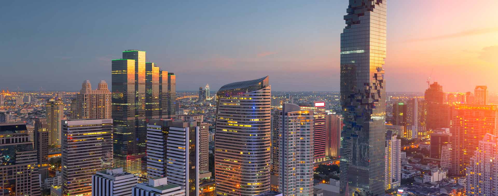 City skyline at sunset.