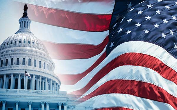 Composite image of building in Washington and American flag