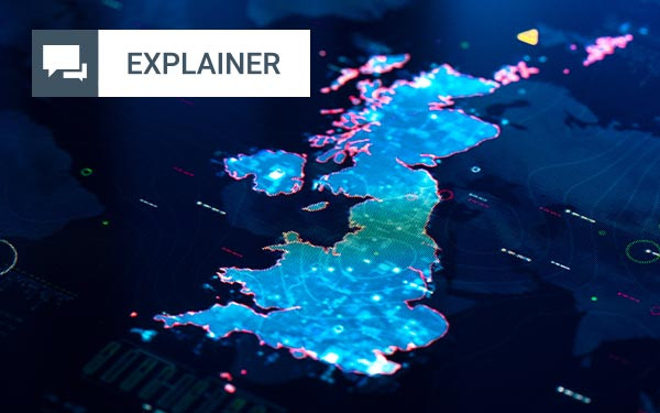 Digital map highlighting the United Kingdom with glowing effects