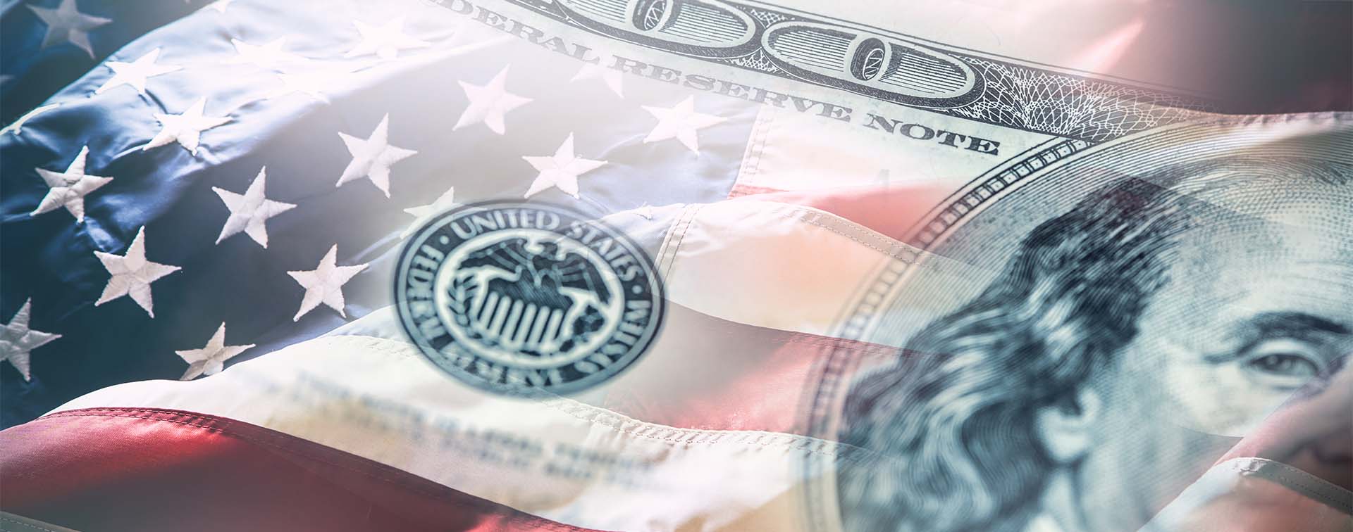 American flag blowing in the wind and 100 dollars banknotes in the background