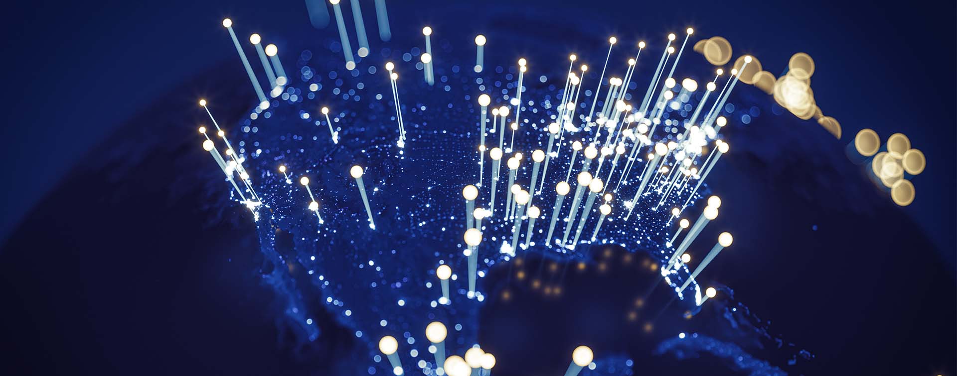 Abstract Earth view from space with fiber optic cables rising from major cities.