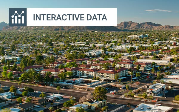 Aerial shot of residential streets in Scottsdale, Arizona on a clear, sunny spring afternoon.