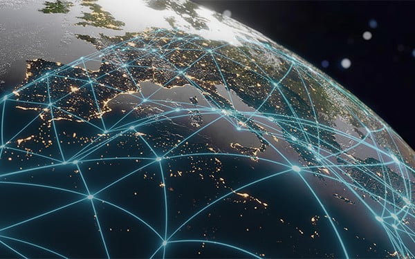 Image of a part of earth from space with blue lines mapped across the globe