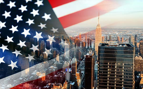 Skyline of NYC - USA flag and panoramic view of New York City